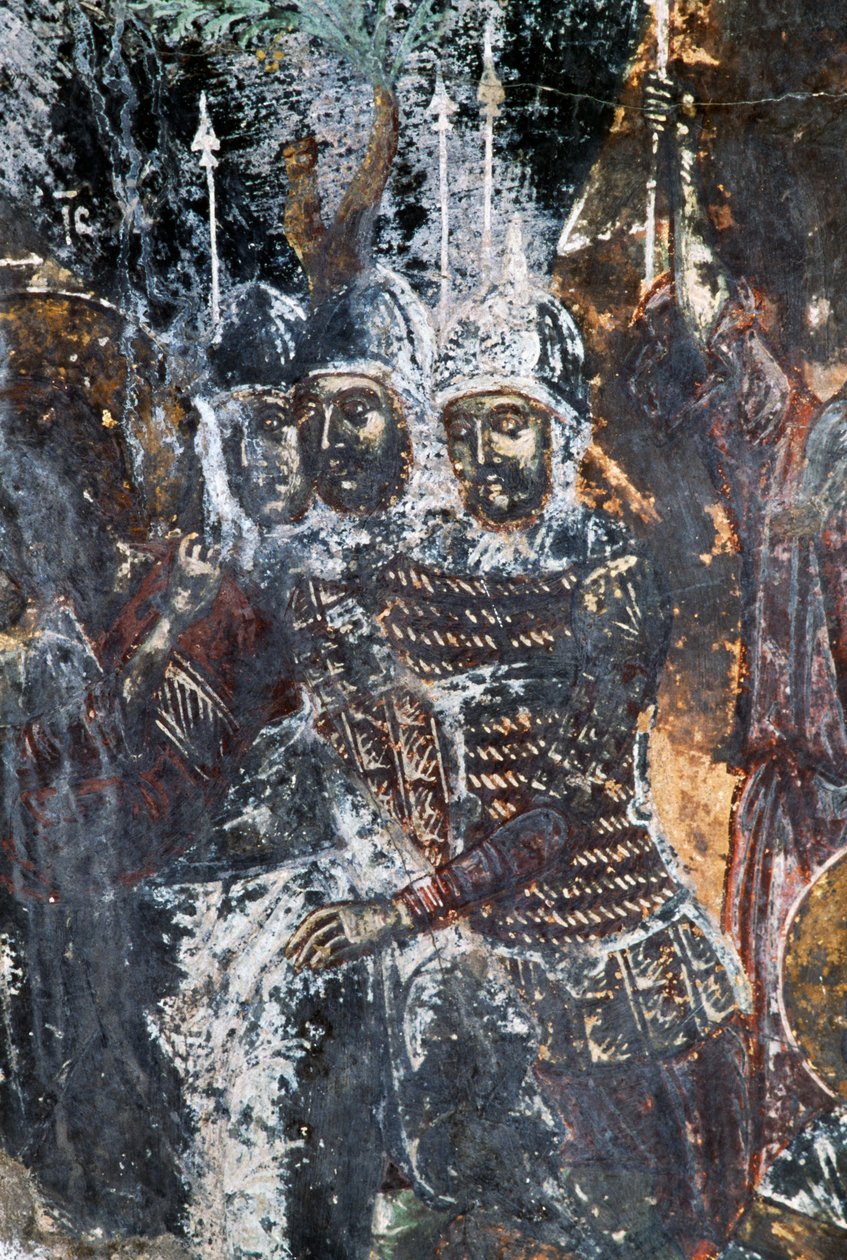 Soldier, damaged fresco on ceiling of church of Agios Vasileios, Vavouledo, Crete, Greece (photo) بواسطة أو Magno Cesare Magni