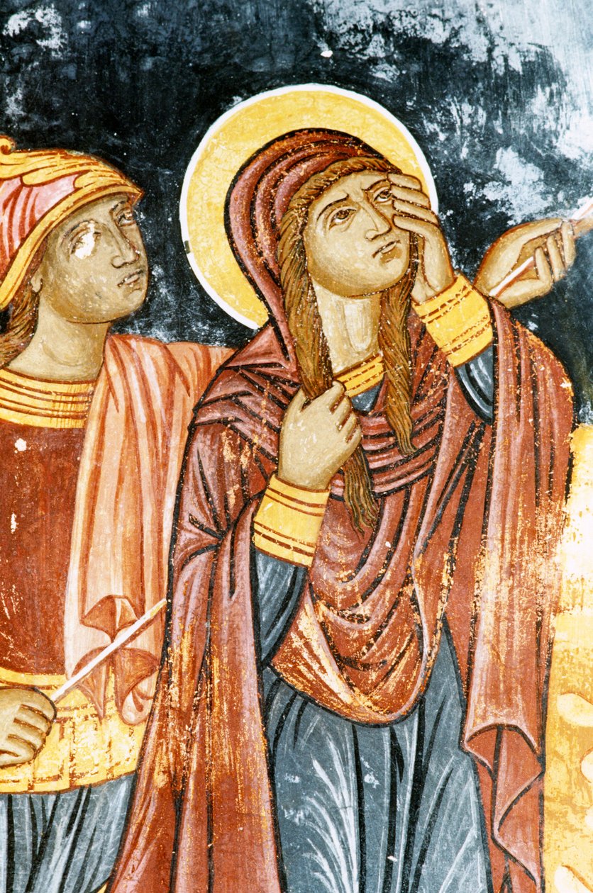 St Longinus and Mary, Crucifixion scene, fresco in Mikro Sotiris monastery, Symi island, Greece (photo) بواسطة أو Magno Cesare Magni