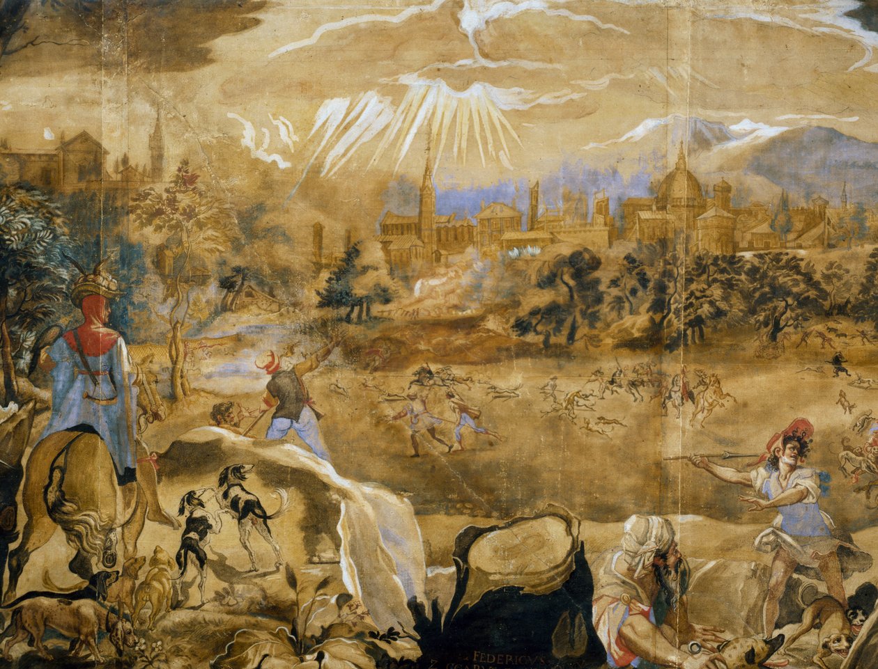 Deer hunting (with ideal view of Florence in background), detail, c.1565 بواسطة أو Zuccaro Federico Zuccari
