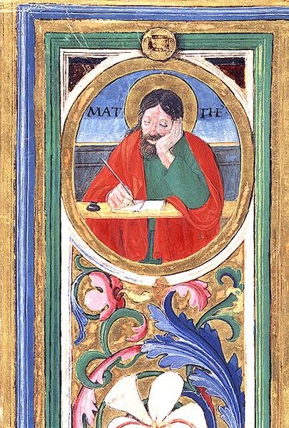 Ms 542 f.3v القديس ماثيو يكتب الإنجيل الأول من سفر المزامير كتبه دون أبيانو من كنيسة باديا فيورنتينا ، فلورنسا بواسطة أو دي جيوفاني مونتي ديل فورا