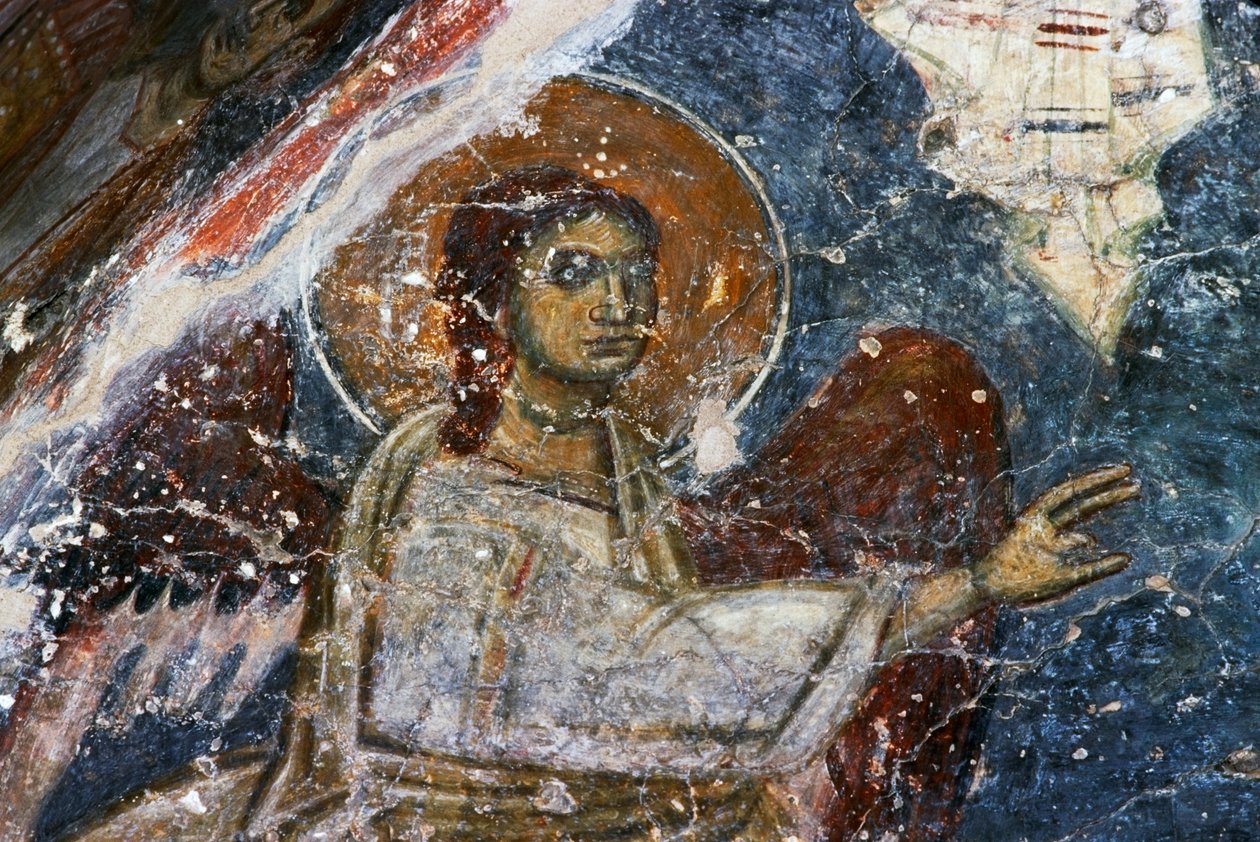 Angel, fresco in the Byzantine church of Agios Georgios Sfakiotis, Diavaide, Crete, Greece (photo) بواسطة غير معروف غير معروف