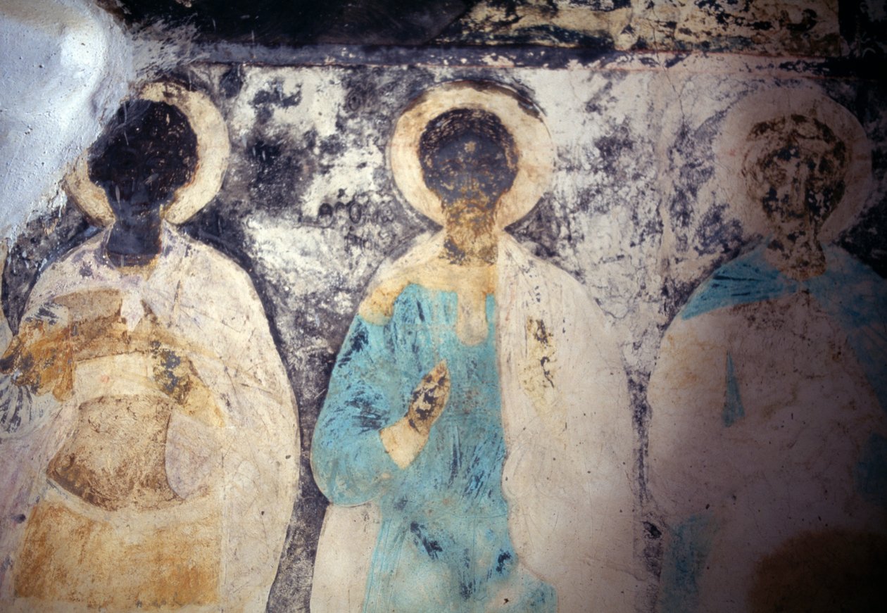 Figures of saints, fresco in monastery of Taxiarhis Mihail Roukouniotis, Panormitis, Symi island, Greece بواسطة غير معروف غير معروف