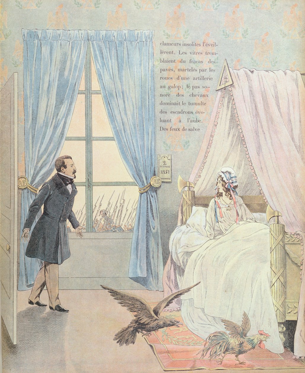 نابليون الثالث وفرنسا خلال انقلاب الثاني من ديسمبر 1851 ، المنشور في "Les Trois Couleurs France" لجورج مونتورجويل ، باريس ، 1900 بواسطة جاك ماري جاستون أونفراي دي بريفيل (الوظيفة)