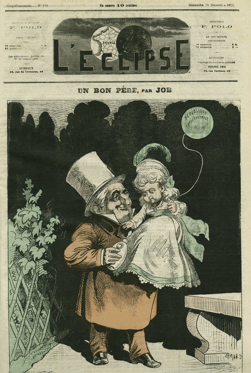 أب جيد ، أدولف تيير (1797-1877) ، مؤرخ ورجل دولة فرنسي. غلاف في "L'Eclipse" بقلم جوب ، 15 ديسمبر بواسطة اسم مستعار لـ Onfray de Breville Jacques Job