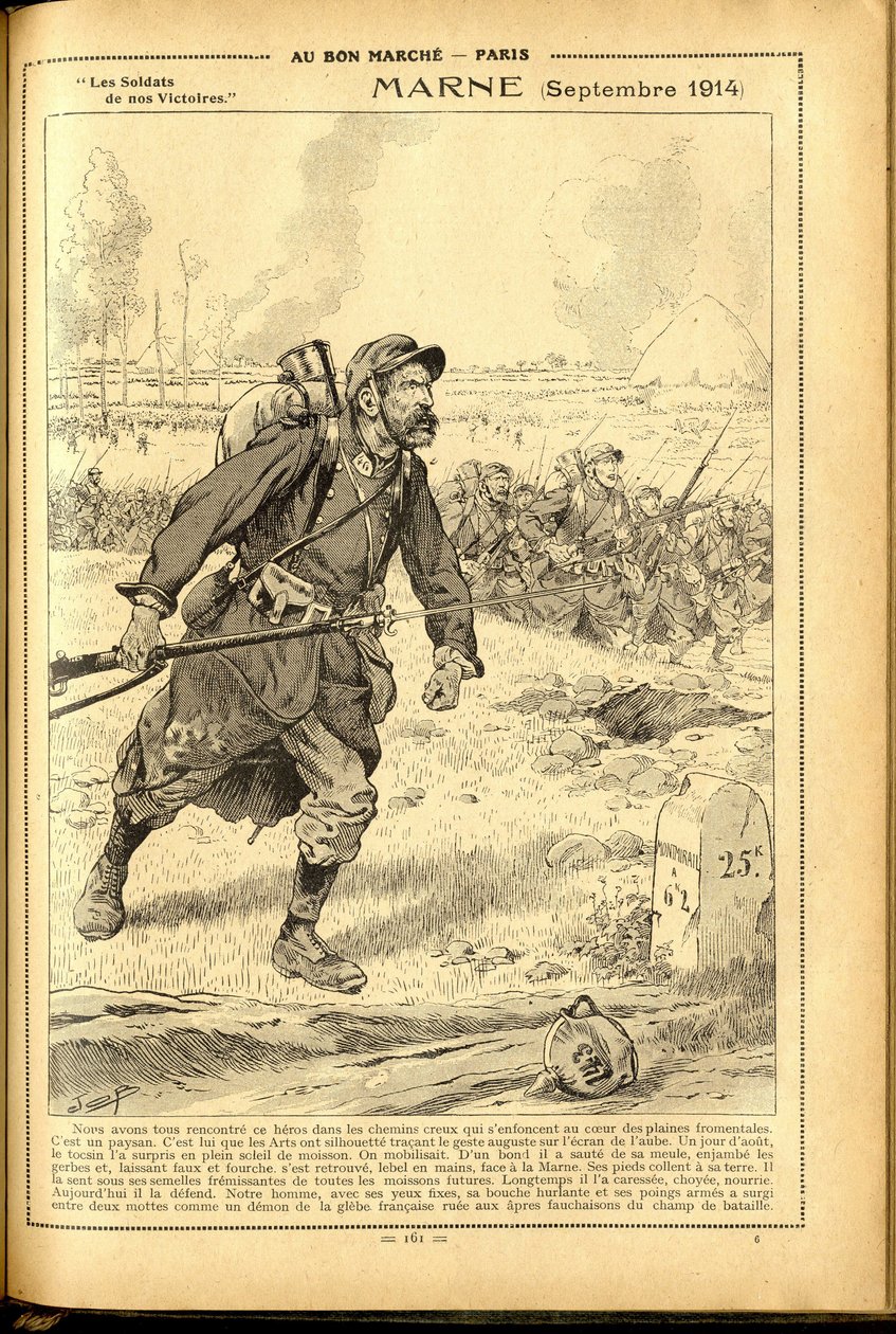 Agenda Buvard du Bon Marche 1917 - Illustration of Job (Jacques Marie (Jacques-Marie) Gaston Onfray and Breville) (1858-1931): Marne September 1914 - War of 14 -18, Marne, Great Battles, Battle of Marne - Soldiers بواسطة اسم مستعار لـ Onfray de Breville Jacques Job