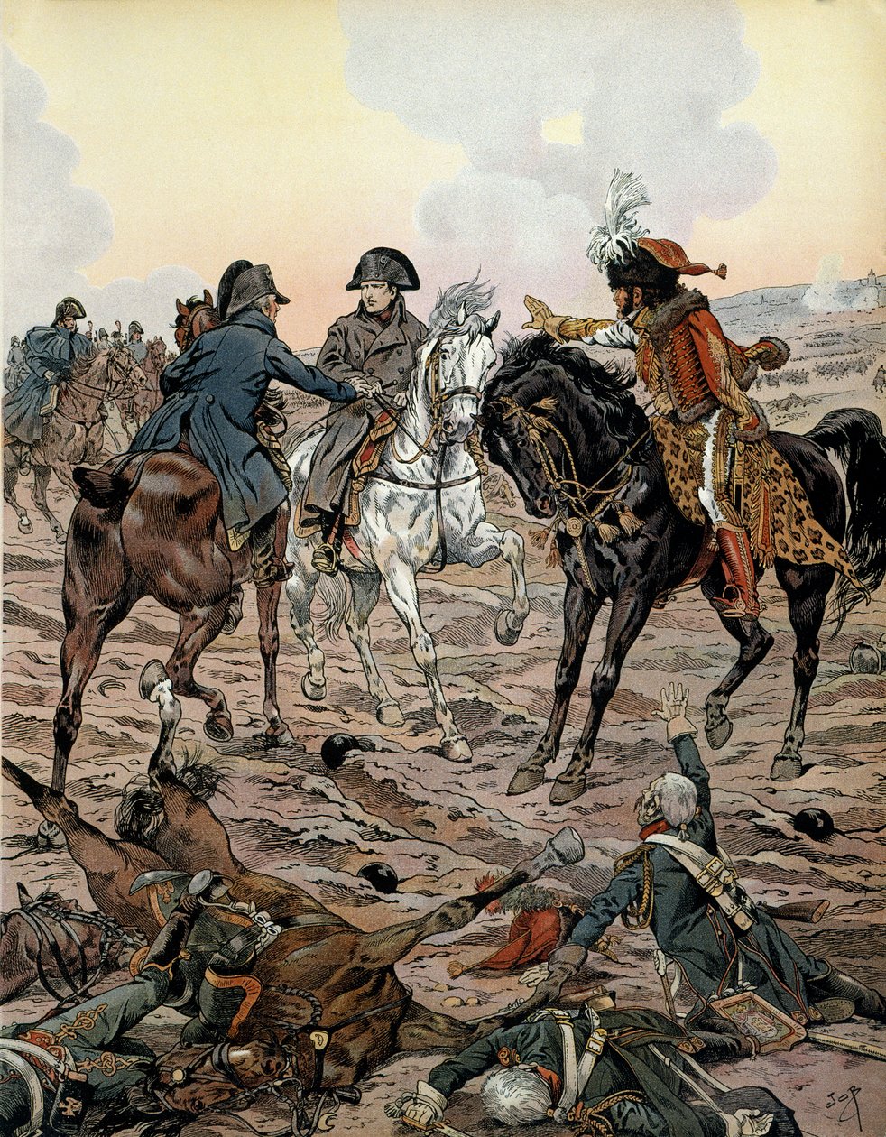حملة النمسا (1805): في معركة أولم (بين 15 و 17 أكتوبر 1805) ، طلب لويس ألكسندر (لويس ألكسندر) برتييه (1753-1815) ويواكيم مورات (1767-1815) من الإمبراطور الابتعاد عن ساحة المعركة من أجل سلامته - في "" نابليون "بقلم بواسطة اسم مستعار لـ Onfray de Breville Jacques Job