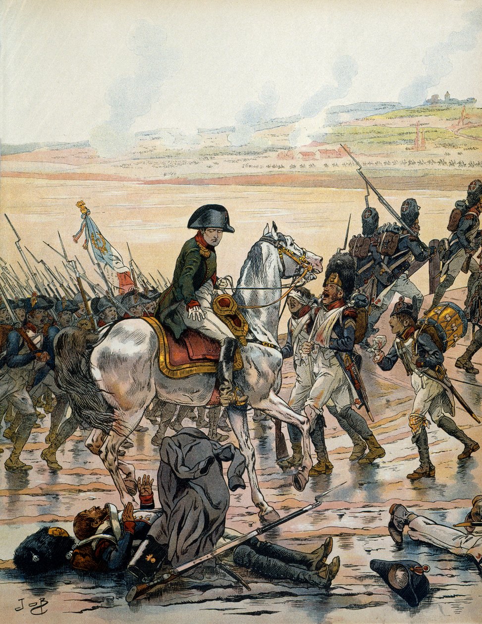 حملة النمسا (1805): في Elchingen ، قام نابليون بونابرت (1769-1821) بزيارة ساحة المعركة للتعرف على قاذفة قنابل من الجيش المصري ، ملقاة على ظهره ، معرضة للمطر الذي يتساقط في السيول ، ويستمر في الصراخ له. الرفاق "" forw بواسطة اسم مستعار لـ Onfray de Breville Jacques Job