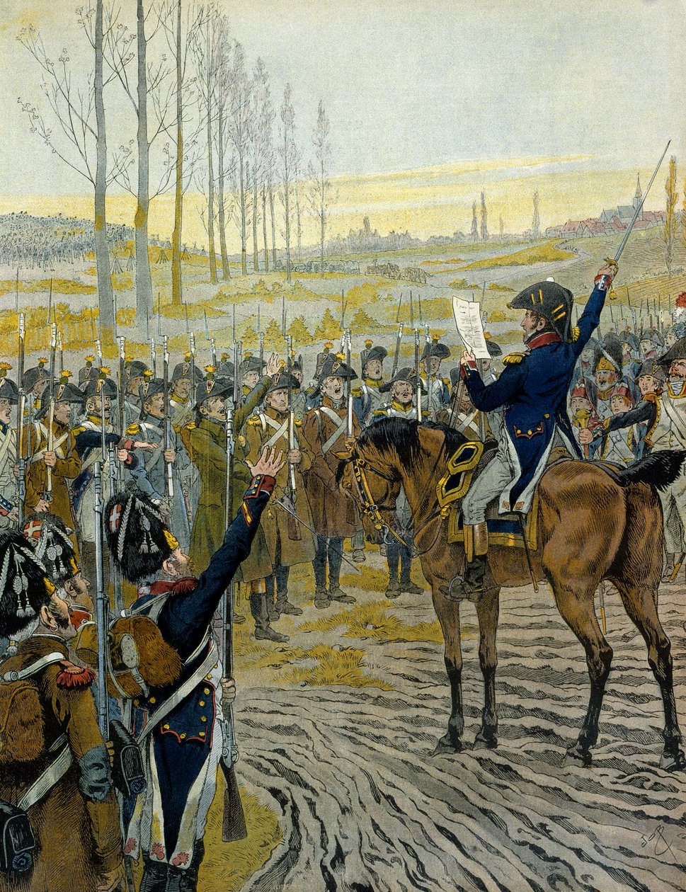 Campaign of Austria (1805): Proclamation of Emperor Napoleon I Bonaparte (1769-1821) to the troops before the Battle of Austerlitz on 2 December 1805. In “” Napoleon”” by Georges Montorgueil. Illustration by Jacques Marie Gaston Onfray de Breville dit JOB  بواسطة اسم مستعار لـ Onfray de Breville Jacques Job