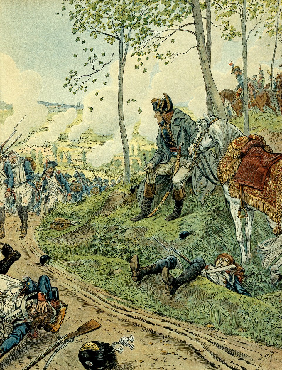 Campaign of Italy (1799-1800): Napoleon I Bonaparte (1769-1821) at the Battle of Marengo on 14 June 1800 in Piemont (Italy), opposing the Napoleonic and Austrian armees. Illustration by Jacques Marie Gaston Onfray de Breville dit JOB (1858-1931). Private C بواسطة اسم مستعار لـ Onfray de Breville Jacques Job