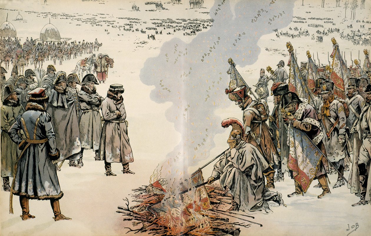 حملة روسيا (1812): أثناء انسحاب روسيا ، أمر نابليون بونابرت (1769-1821) بحرق الأعلام والنسور لمنع العدو من الاستيلاء عليها. في "" نابليون "لجورج مونتورجيل. رسم توضيحي لجاك ماري غاستون أونفراي بواسطة اسم مستعار لـ Onfray de Breville Jacques Job