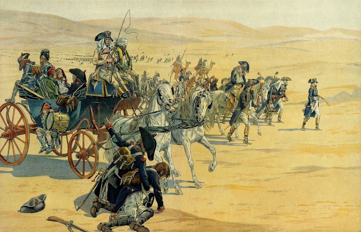 حملة أو رحلة استكشافية من مصر من نابليون الأول بونابرت (1769-1821) بين 1798 و 1801. رسم توضيحي لجاك ماري جاستون أونفراي دي بريفيل ديت جوب (1858-1931). مجموعة خاصة بواسطة اسم مستعار لـ Onfray de Breville Jacques Job