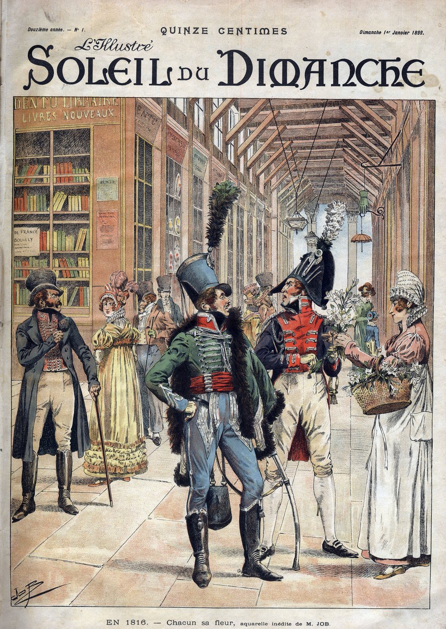 كل واحد زهرته الخاصة. اشترى جندي الزهور من بائعة في معرض مغطى في باريس عام 1816. من لوحة مائية للسيد أيوب. نقش في "Le sun-du-dimanche" ، 1 يناير 1899. بواسطة اسم مستعار لـ Onfray de Breville Jacques Job