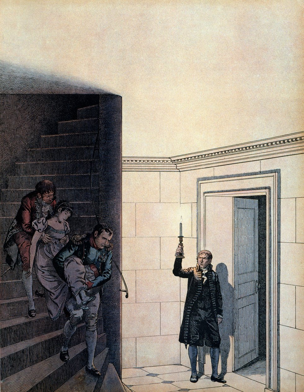اختفى الإمبراطور نابليون الأول بونابرت (1769-1821) وقائد غرفته بعد إعلان طلاقها عام 1809 ، الإمبراطور جوزفين (1763-1814) في غرفة نومها. في "" نابليون "لجورج مونتورجيل. رسم توضيحي لجاك ماري غاستون أونفراي بواسطة اسم مستعار لـ Onfray de Breville Jacques Job