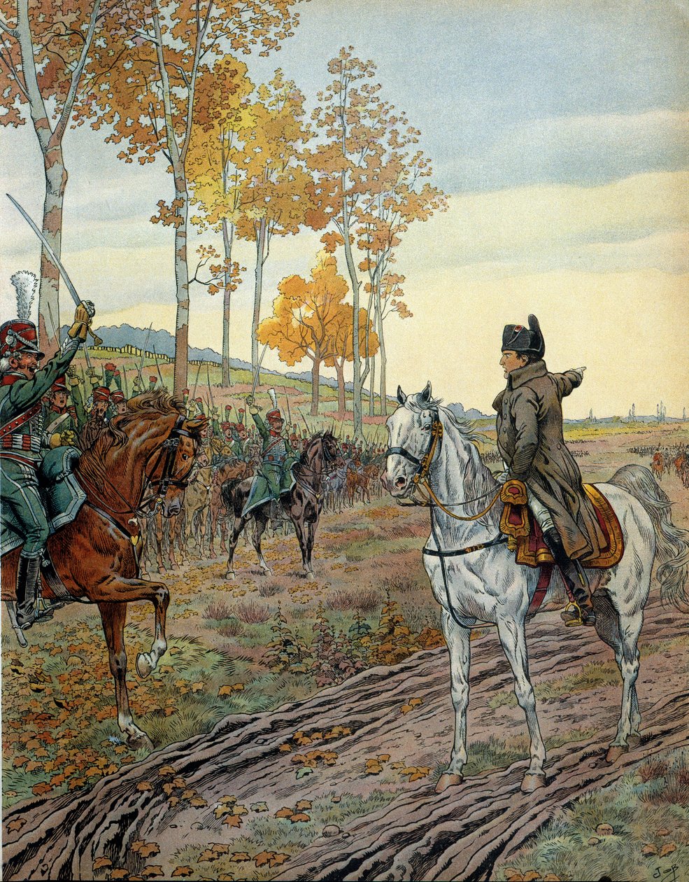 Emperor Napoleon I Bonaparte (1769-1821) haranged the second regiment of horseback hunters in 1806 during the campaign of Prussia (Germany) before the Battle of Iena on 14 October 1806. In “” Napoleon”” by Georges Montorgueil. Illustration by Jacques Marie بواسطة اسم مستعار لـ Onfray de Breville Jacques Job