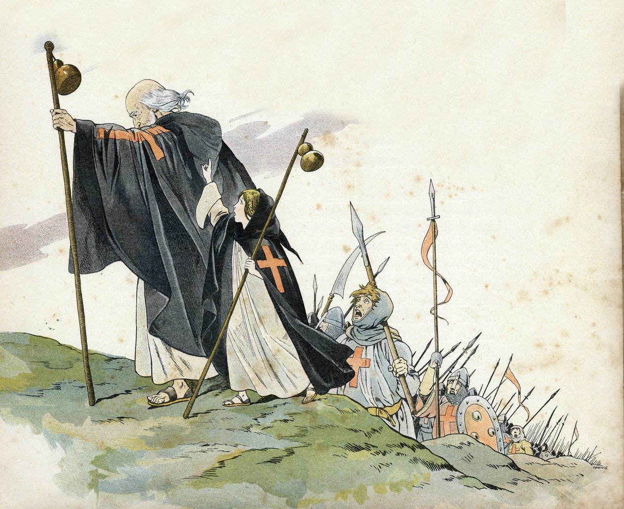 الحملة الصليبية الأولى: بيتر الناسك (1050-1115) يقود الحملة الصليبية إلى صرخة "ما شاء الله!" . كان يرتدي معطفا ، ويضرب بصليب ويحمل طعنة بيليرين. فتاة صغيرة ترمز إلى فرنسا ترافقها. في فرنسا ، قصتها رواها ج. مونتور بواسطة اسم مستعار لـ Onfray de Breville Jacques Job