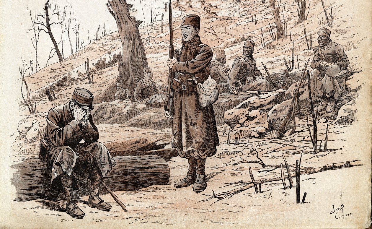 الحرب العالمية الأولى 1914-1918: جندي المشاة و Tirailleurs السنغالي من الجيش الفرنسي. رسم توضيحي لأيوب (جاك ماري غاستون أونفراي وبريفيل) (جاك ماري) (1858-1931) لكتاب "الكلمات التاريخية العظيمة لبلد فرنسا" "1915. Pri بواسطة اسم مستعار لـ Onfray de Breville Jacques Job