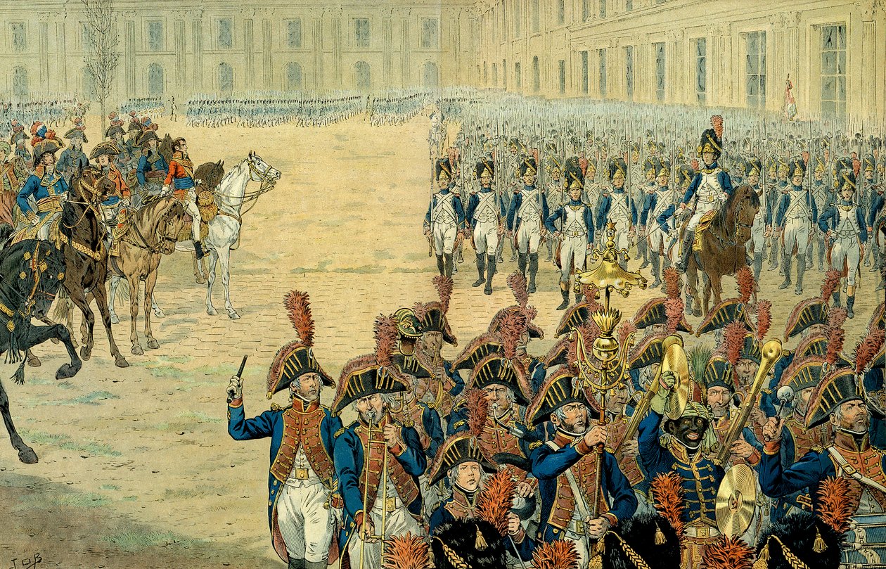 أول مراجعة للحرس القنصلي في فناء التويلري بواسطة نابليون الأول بونابرت (1769-1821). بعد اعتماد الدستور في عام 1800 ، تركت الحكومة نظير لوكسمبورغ لتستقر في التويلري. في يوم تنصيبه ، فيلم Fi بواسطة اسم مستعار لـ Onfray de Breville Jacques Job