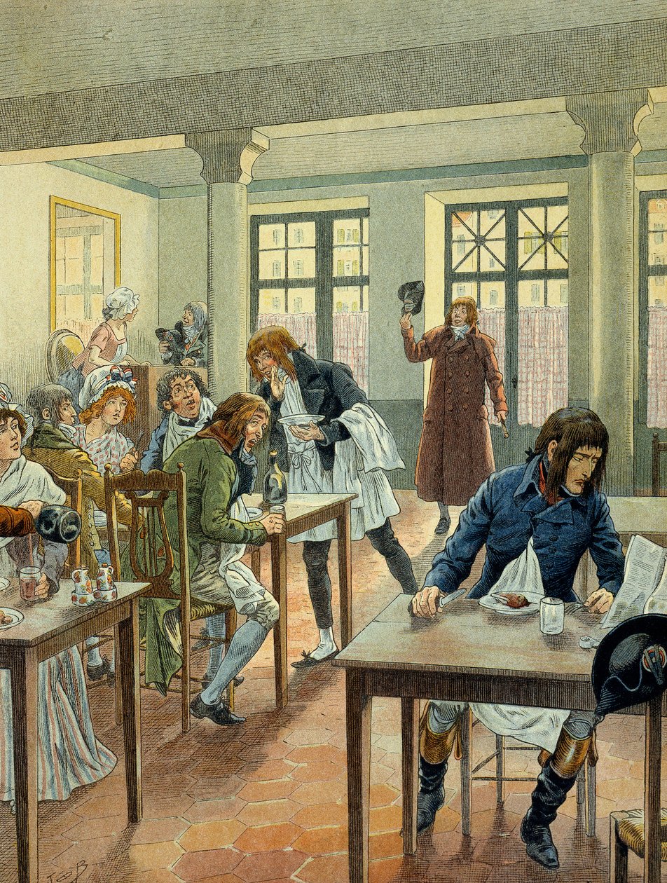 الثورة الفرنسية عام 1789: نابليون الأول بونابرت (1769-1821) شابًا في Gargotier Justat ، من شارع des petits peres (Petits-Peres) في باريس ، تم تقليصه إلى طبق واحد دفع ثمنه 6 تحت الجزء. رسم توضيحي لجاك ماري غاستون أونفراي دي بواسطة اسم مستعار لـ Onfray de Breville Jacques Job