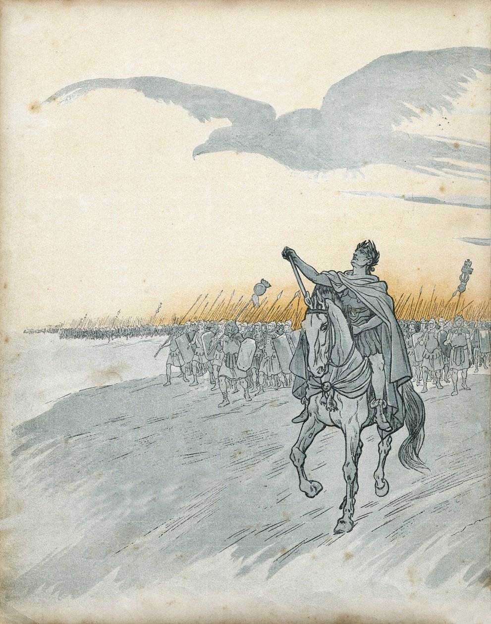 حرب الغال: غايوس يوليوس قيصر (ثم جول سيزار) (100-44 قبل الميلاد) وجيشه يغزو بلاد الغال. يظهر ظل نسر رمز الإمبراطورية الرومانية في السماء. في "فرنسا ، قصته رواها ج. مونتورجيل ، صورها جوب" 1896. مجموعة خاصة. بواسطة اسم مستعار لـ Onfray de Breville Jacques Job