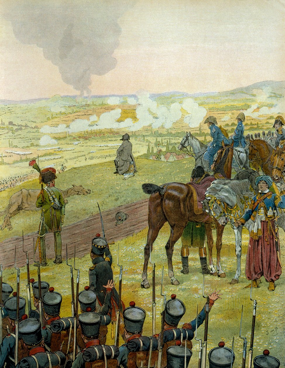 German campaign in 1813: Napoleon I Bonaparte (1769-1821) sitting on a drum refllechi to his combat strategy during the Battle of Bautzen on 20 and 21 May 1813. In “” Napoleon”” by Georges Montorgueil. Illustration by Jacques Marie Gaston Onfray de Brevill بواسطة اسم مستعار لـ Onfray de Breville Jacques Job