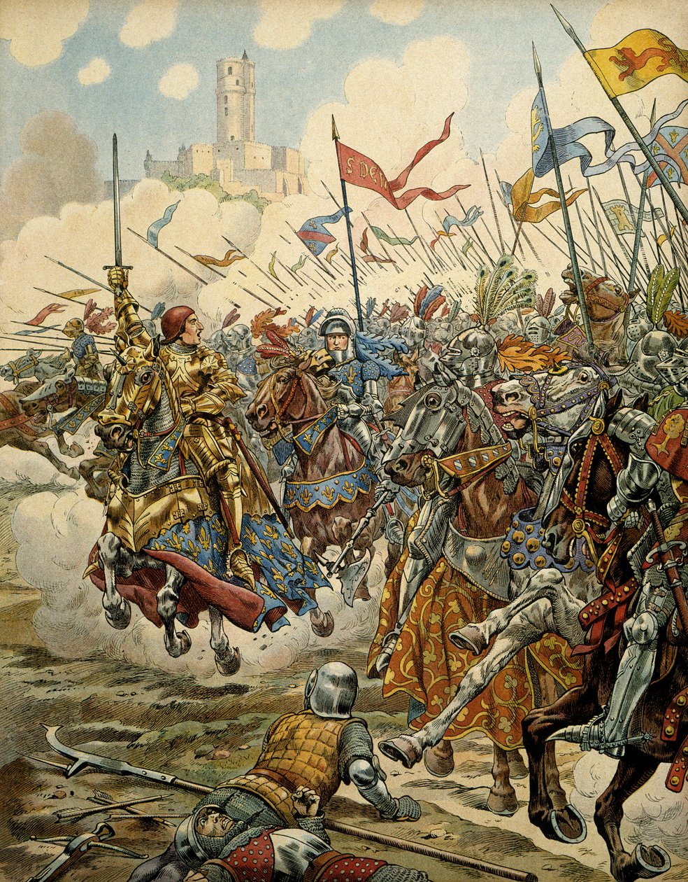 تاريخ فرنسا في العصور الوسطى (العصور الوسطى): أطلق الملك لويس الحادي عشر على الحكيم (1423-1483) على رأس جيشه خلال معركة مونتليري ضد دوري بيان بابليك ، 16 يوليو بواسطة اسم مستعار لـ Onfray de Breville Jacques Job