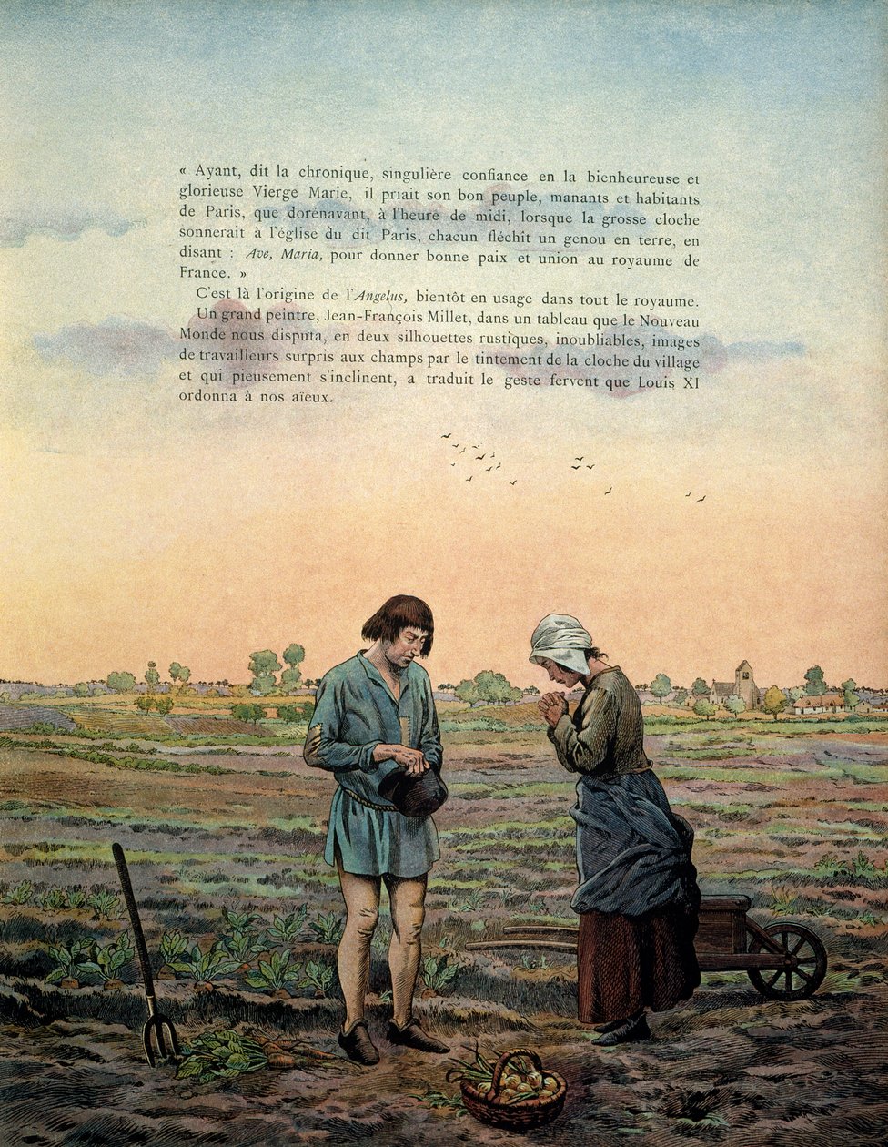 تاريخ فرنسا في العصور الوسطى (العصور الوسطى): يقول الملك لويس الحادي عشر إن الحكيم (1423-1483) يؤسس صلاة الملائكة. رسم توضيحي لجاك ماري غاستون أونفراي دي بريفيل Dit JOB (1858-1931) بواسطة اسم مستعار لـ Onfray de Breville Jacques Job