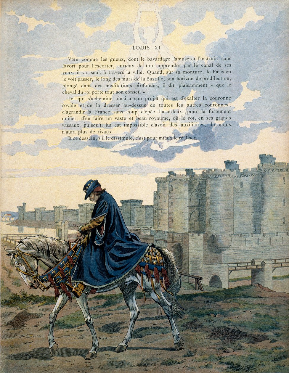 تاريخ فرنسا في العصور الوسطى (العصور الوسطى): يسير ملك فرنسا لويس الحادي عشر المسمى الحكيم (1423-1483) في شوارع باريس وأمام سجن الباستيل دون تزين أو مرافقة. رسم توضيحي لجاك ماري غاستون أونفراي بواسطة اسم مستعار لـ Onfray de Breville Jacques Job