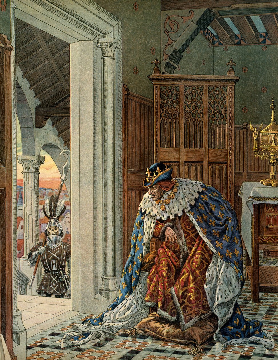 تاريخ فرنسا في العصور الوسطى (العصور الوسطى): يقول ملك فرنسا لويس الحادي عشر إن الحكيم (1423-1483) يخشى الموت وهو يرتدي دروعًا على عتبة الباب. رسم توضيحي لجاك ماري غاستون أونفراي دي بريفيل Dit JOB (1858-1931) بواسطة اسم مستعار لـ Onfray de Breville Jacques Job