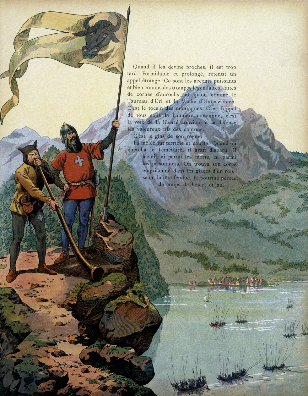 History of France in the Middle Ages: the troops of Charles the Temeraire (1433-1477), Duke of Burgundy, enter the country of Vaud in Switzerland. Illustration by Jacques Marie Gaston Onfray de Breville dit JOB (1858-1931) بواسطة اسم مستعار لـ Onfray de Breville Jacques Job