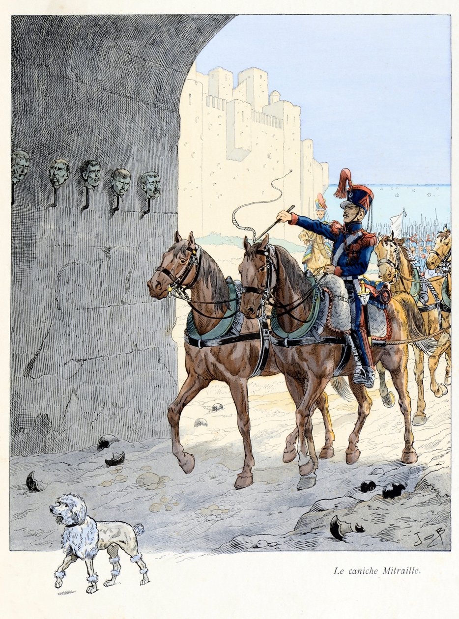 رسم توضيحي من نص كتاب "A la gloire des betes" بقلم A Fabre ، رسومات جاك ماري جاستون أونفراي دي بريفيل dit JOB (1858-1931) ، الناشر Maison Alfred Mame et fils: The Mitraille poodle (كلب بسيط في المدفعية الثانية فوج ، كان ال بواسطة اسم مستعار لـ Onfray de Breville Jacques Job