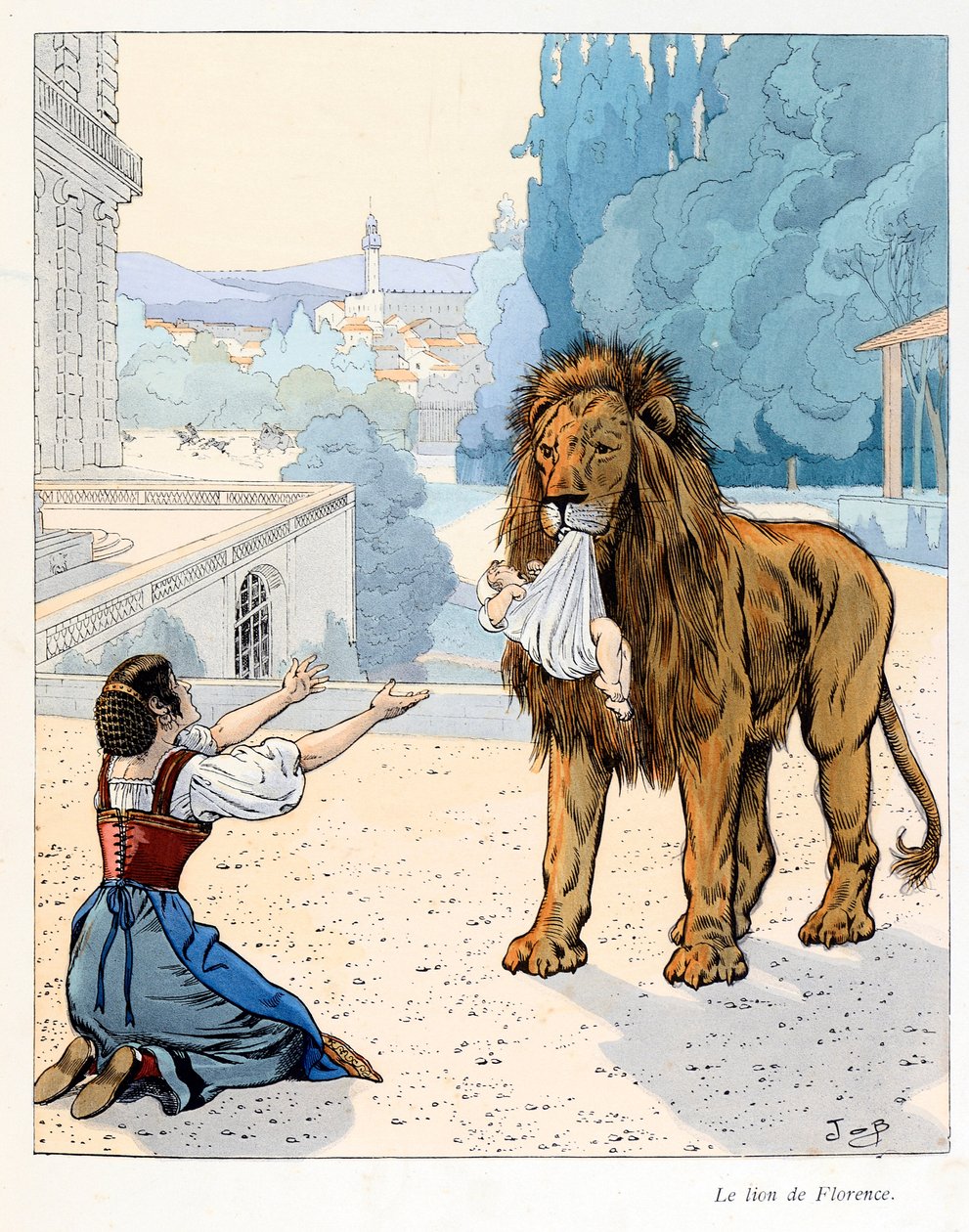 Illustration from the book “A la gloire des betes”” text by A Fabre, drawings by Jacques Marie Gaston Onfray de Breville dit JOB (1858-1931), publisher Maison Alfred Mame and son: The lion of Florence (escape from the menagerie of the Grand Duke of Florenc بواسطة اسم مستعار لـ Onfray de Breville Jacques Job