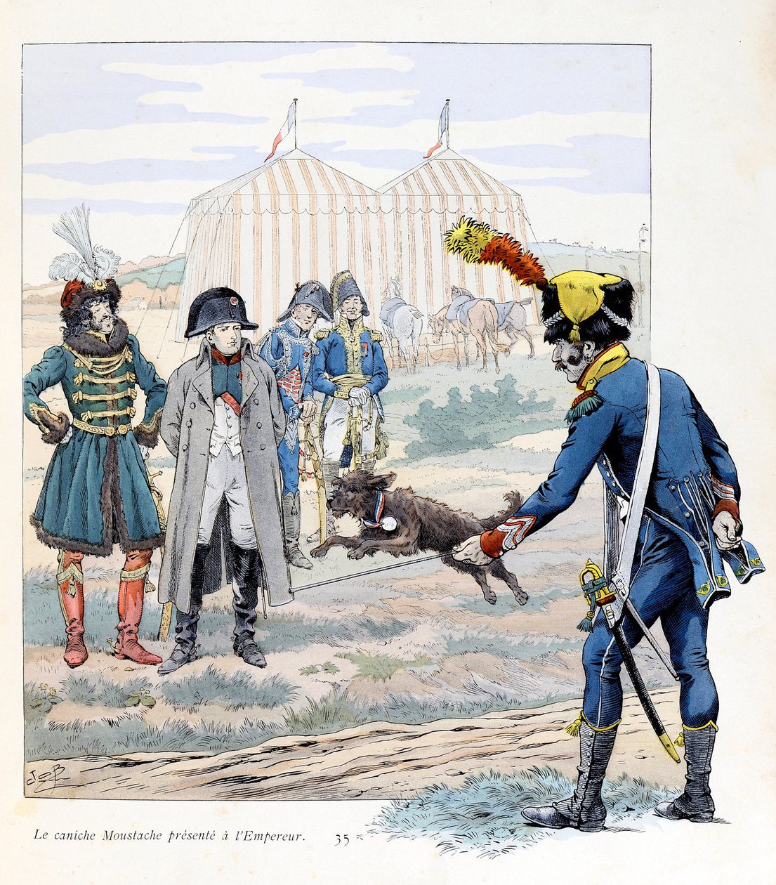 رسم توضيحي من نص كتاب "A la gloire des betes" من تأليف A Fabre ، رسومات جاك ماري جاستون أونفراي دي بريفيل dit JOB (1858-1931) ، الناشر Maison Alfred Mame et fils: The Mustache poodle المقدم إلى الإمبراطور (نابليون الأول ) (حفظ العلم بواسطة اسم مستعار لـ Onfray de Breville Jacques Job