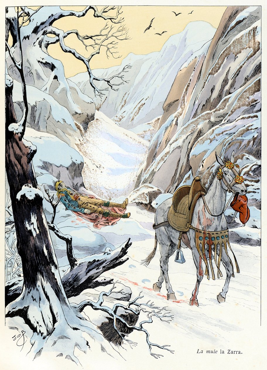 رسم توضيحي من نص كتاب "A la gloire des betes" من تأليف A Fabre ، رسومات جاك ماري جاستون أونفراي دي بريفيل ديت جوب (1858-1931) ، الناشر Maison Alfred Mame وابنه: La mule "La Zarra" (تنتمي إلى بيدرو راميريز ، نجل الشيف مانويل أثناء بواسطة اسم مستعار لـ Onfray de Breville Jacques Job
