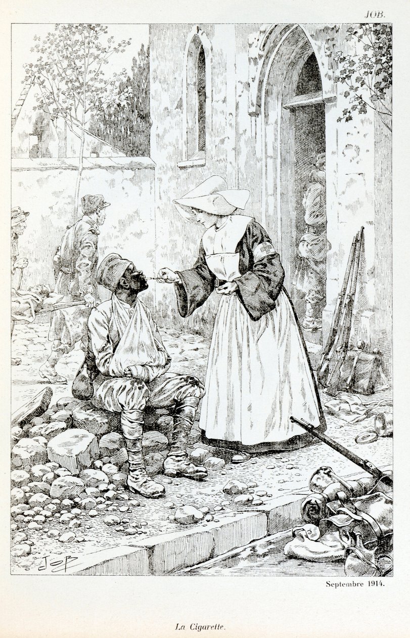 رسم توضيحي من كتاب "La Grande Guerre par les Artes": "La cigarette Septembre 1914" "" ديني يعطي سيجارة لجندي جريح بقلم جاك ماري جاستون أونفراي دي بريفيل ديت جوب (1858-1931) ، مجموعة بارتيال بواسطة اسم مستعار لـ Onfray de Breville Jacques Job