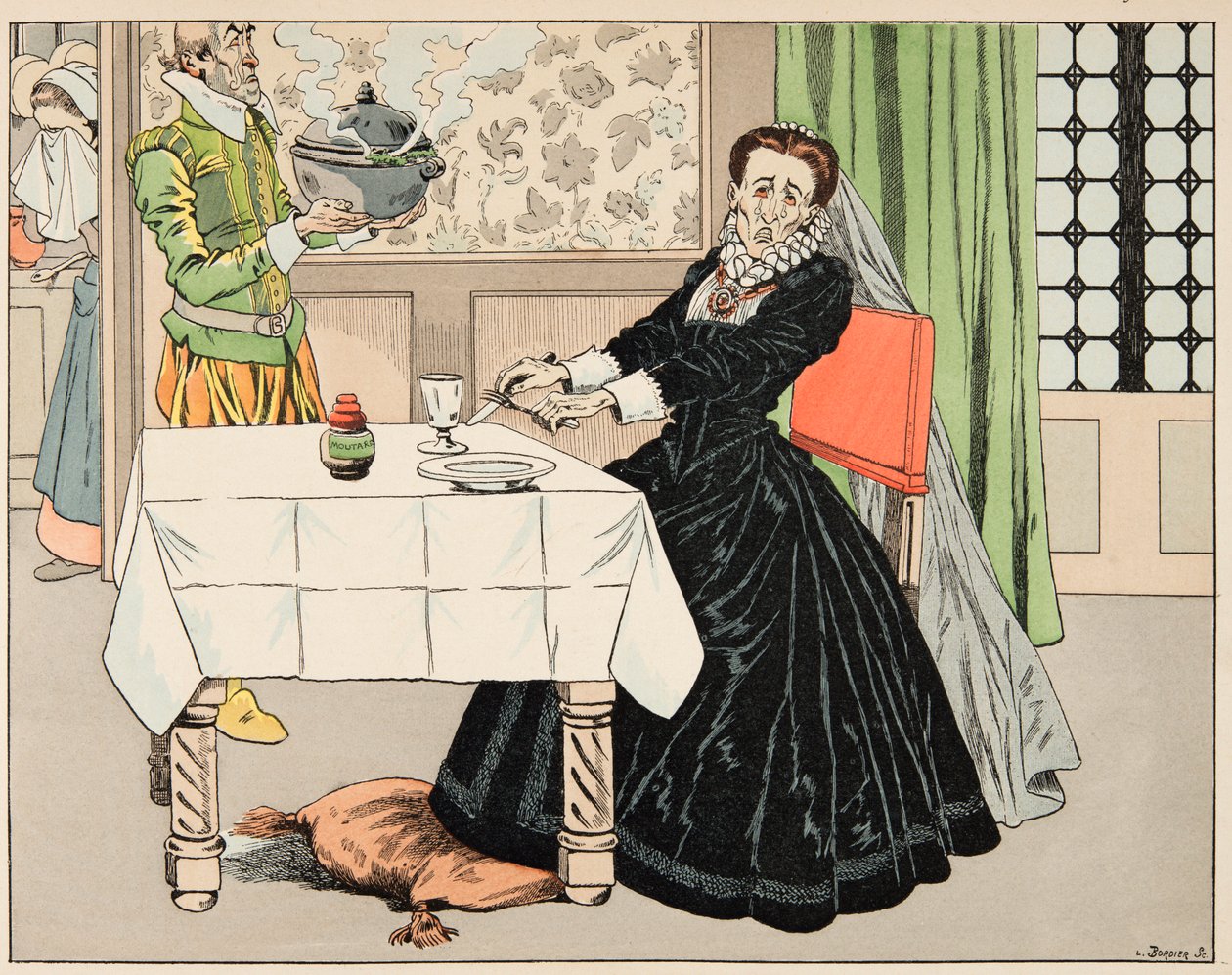 رسم توضيحي من كتاب "Le bon roy Henri" الذي رسمه جاك ماري جاستون أونفراي دي بريفيل ديت جوب (1858-1931): أم أكلت طفلها أثناء حصار باريس - مجموعة خاصة بواسطة اسم مستعار لـ Onfray de Breville Jacques Job