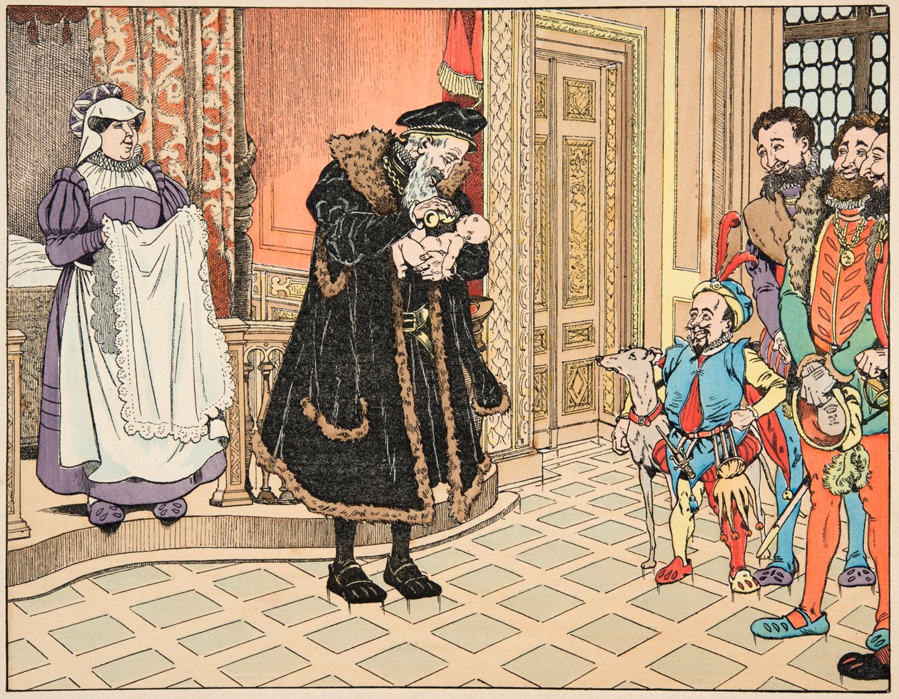 رسم توضيحي من كتاب "Le bon roy Henri" ، الذي رسمه جاك ماري جاستون أونفراي دي بريفيل ديت جوب (1858-1931): ولادة هنري الرابع ، جده ، هنري دالبريت (1503-1555) يفرك شفتيه بقطعة فص ثوم - مجموعة خاصة بواسطة اسم مستعار لـ Onfray de Breville Jacques Job