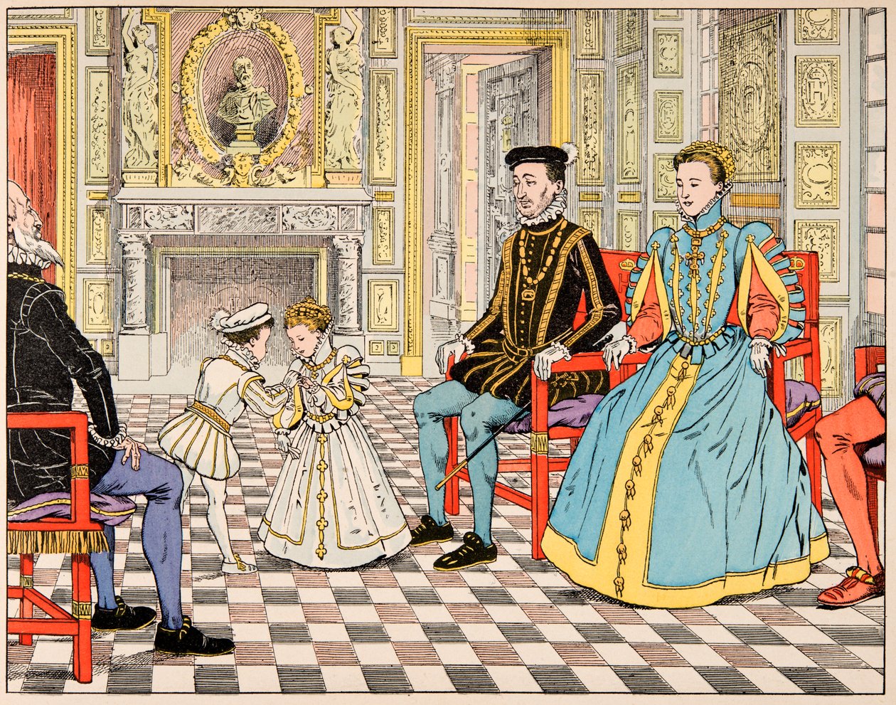 رسم توضيحي من كتاب "Le bon roy Henri" ، الذي رسمه جاك ماري جاستون أونفراي دي بريفيل ديت جوب (1858-1931): أخذه أنطوان دي بوربون إلى باريس وقدمه إلى ابن عمه هنري الثاني ، الذي مده يده. ابنة مارغريت دي بواسطة اسم مستعار لـ Onfray de Breville Jacques Job