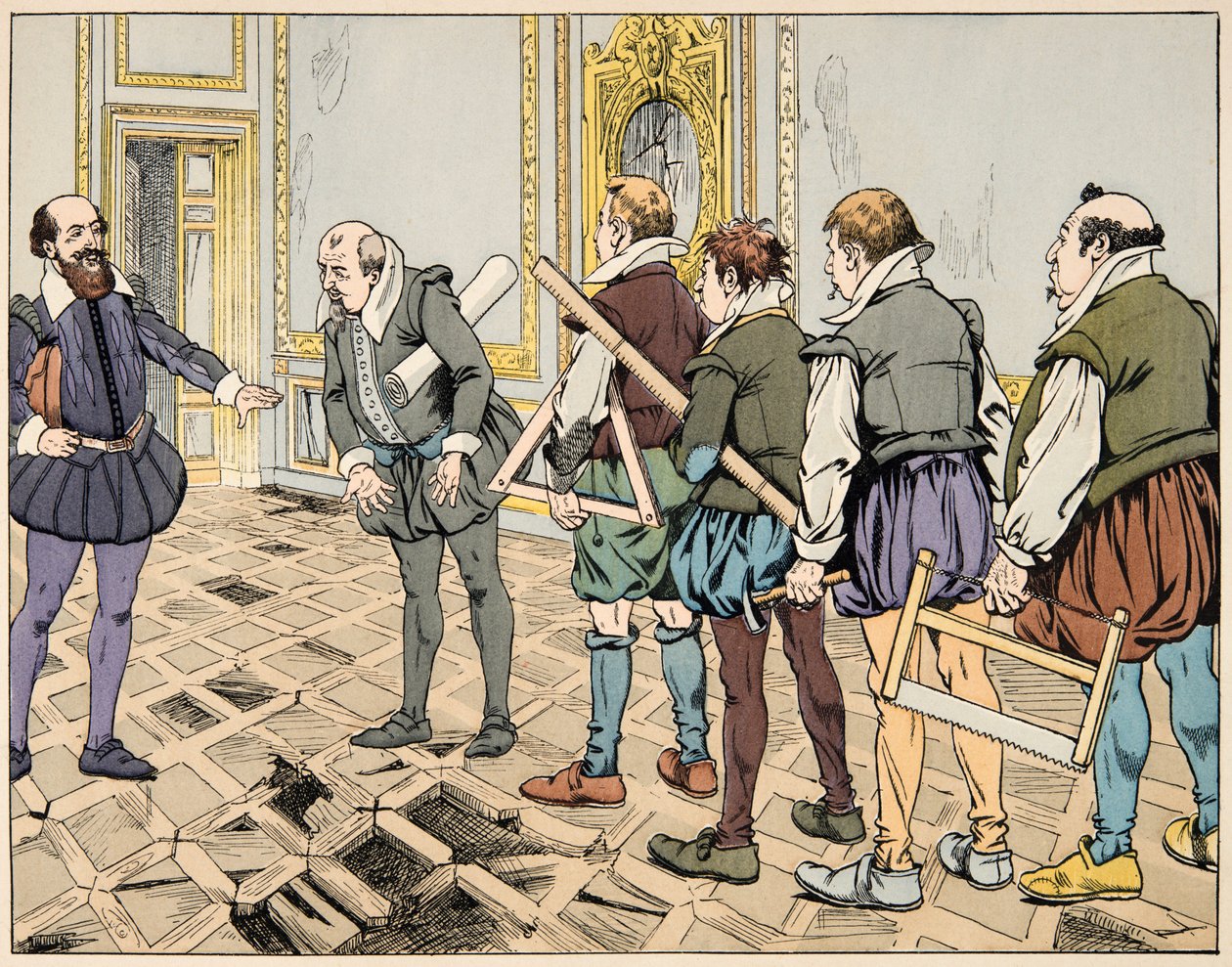 رسم توضيحي من كتاب "Le bon roy Henri" ، الذي رسمه جاك ماري جاستون أونفراي دي بريفيل ديت جوب (1858-1931): يظهر سولي (ماكسيميليان دي بيثون) اقتصادًا قاسيًا - مجموعة خاصة بواسطة اسم مستعار لـ Onfray de Breville Jacques Job