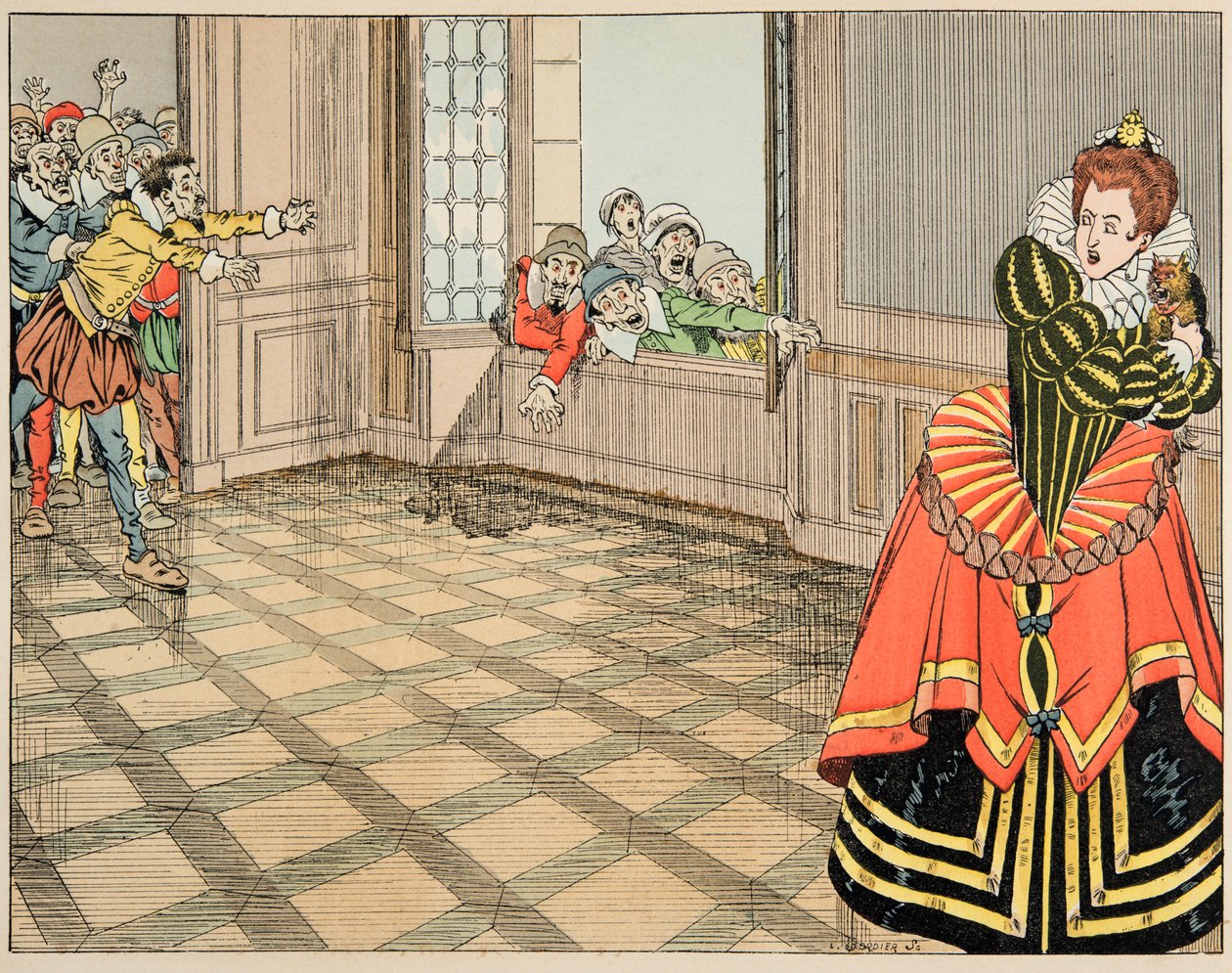 رسم توضيحي من كتاب "Le bon roy Henri" ، الذي رسمه جاك ماري جاستون أونفراي دي بريفيل ديت جوب (1858-1931): دوقة مونبنسير (كاثرين دي لورين بواسطة اسم مستعار لـ Onfray de Breville Jacques Job