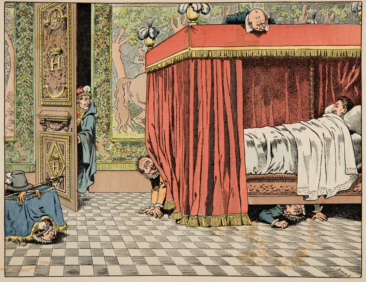 رسم توضيحي من كتاب "Le bon roy Henri" ، الذي رسمه جاك ماري جاستون أونفراي دي بريفيل ديت جوب (1858-1931): هنري الرابع يعيش في باريس تحت أعين الجواسيس - مجموعة خاصة بواسطة اسم مستعار لـ Onfray de Breville Jacques Job