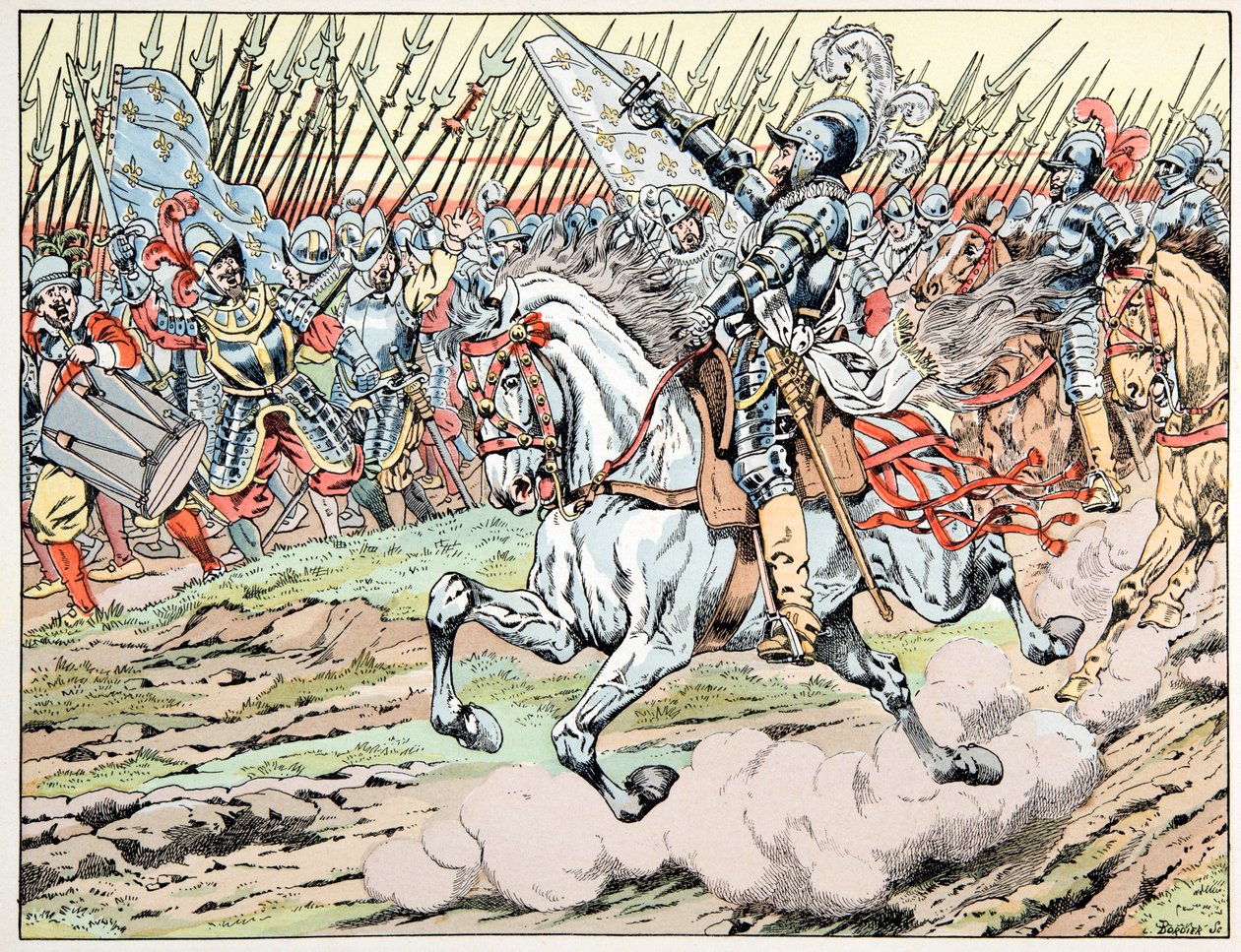 رسم توضيحي مأخوذ من كتاب "Le bon roy Henri" ، الذي رسمه جاك ماري جاستون أونفراي دي بريفيل ديت جوب (1858-1931): هنري الرابع قبل جيشه: اتبع مون بلوم بلانك - مجموعة خاصة بواسطة اسم مستعار لـ Onfray de Breville Jacques Job