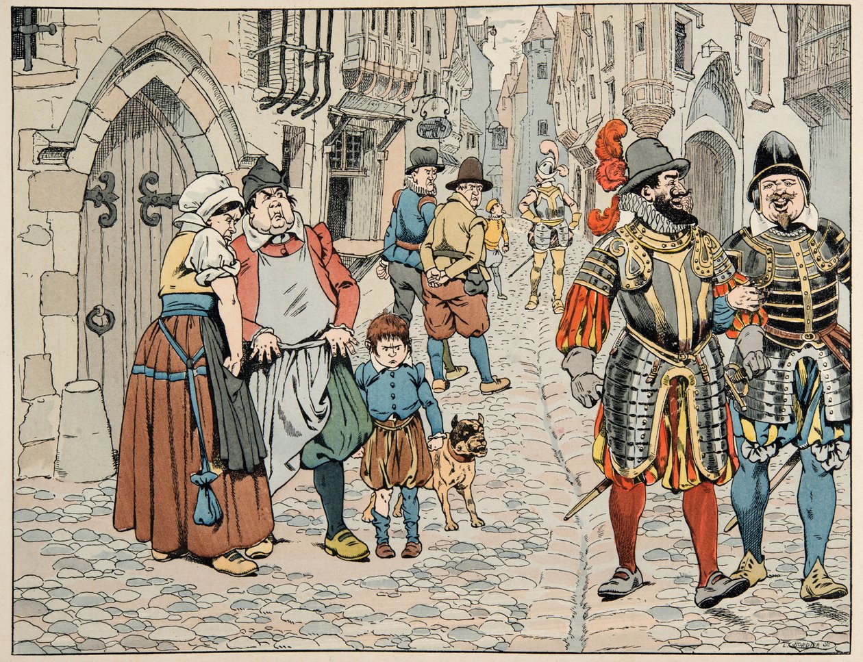 رسم توضيحي مأخوذ من كتاب "Le bon roy Henri" ، الذي رسمه جاك ماري جاستون أونفراي دي بريفيل ديت جوب (1858-1931): يرى الباريسيون بعيون سيئة أن القوات الأجنبية تأتي لمساعدتهم - مجموعة خاصة بواسطة اسم مستعار لـ Onfray de Breville Jacques Job