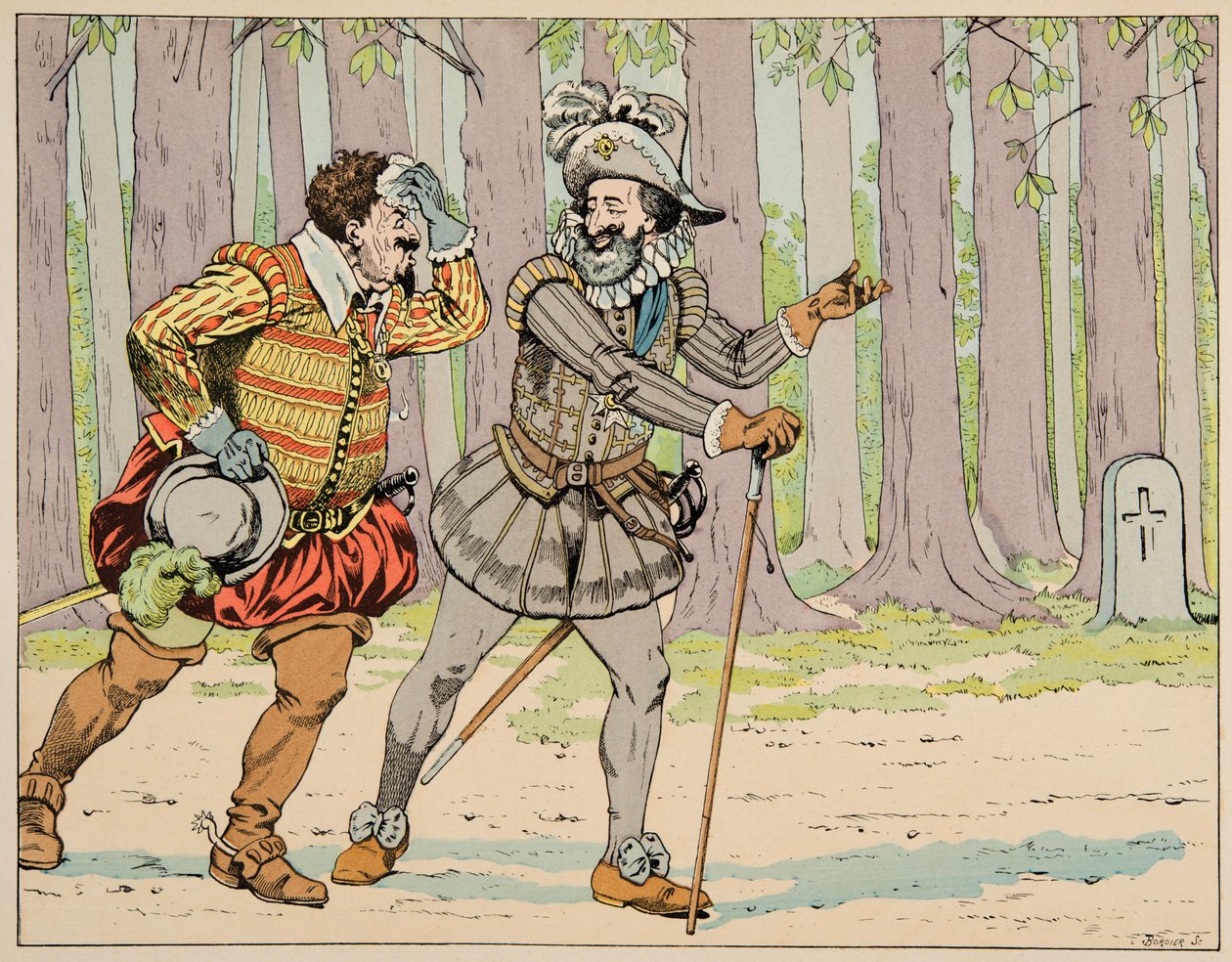 رسم توضيحي مأخوذ من كتاب "Le bon roy Henri" "، الذي رسمه جاك ماري جاستون أونفراي دي بريفيل ديت جوب (1858-1931): منح هنري الرابع عفوه إلى شارل دي لورين (1554-1611) دوق ماين بعد إجباره لقليل من التمرين - بريفا بواسطة اسم مستعار لـ Onfray de Breville Jacques Job
