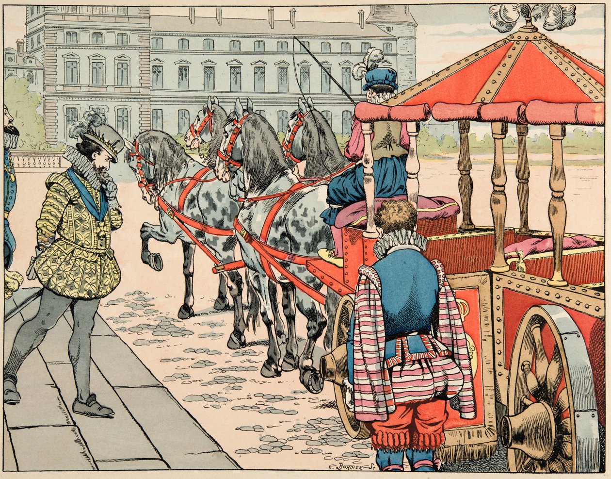 Illustration taken from the book “” Le bon roy Henri””, illustrated by Jacques Marie Gaston Onfray de Breville dit JOB (1858-1931): On 14 May 1610, Henri IV apprets to ride in his uncovered carriage - Private collection بواسطة اسم مستعار لـ Onfray de Breville Jacques Job