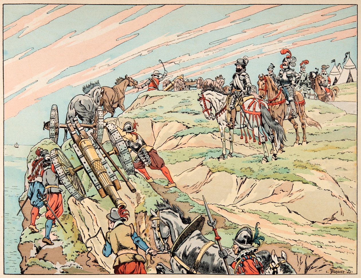 رسم توضيحي مأخوذ من كتاب "Le bon roy Henri" ، الذي رسمه جاك ماري غاستون أونفراي دي بريفيل ديت جوب (1858-1931): أنشأ هنري الرابع معسكره بالقرب من دييب بمدفعيته - مجموعة خاصة بواسطة اسم مستعار لـ Onfray de Breville Jacques Job
