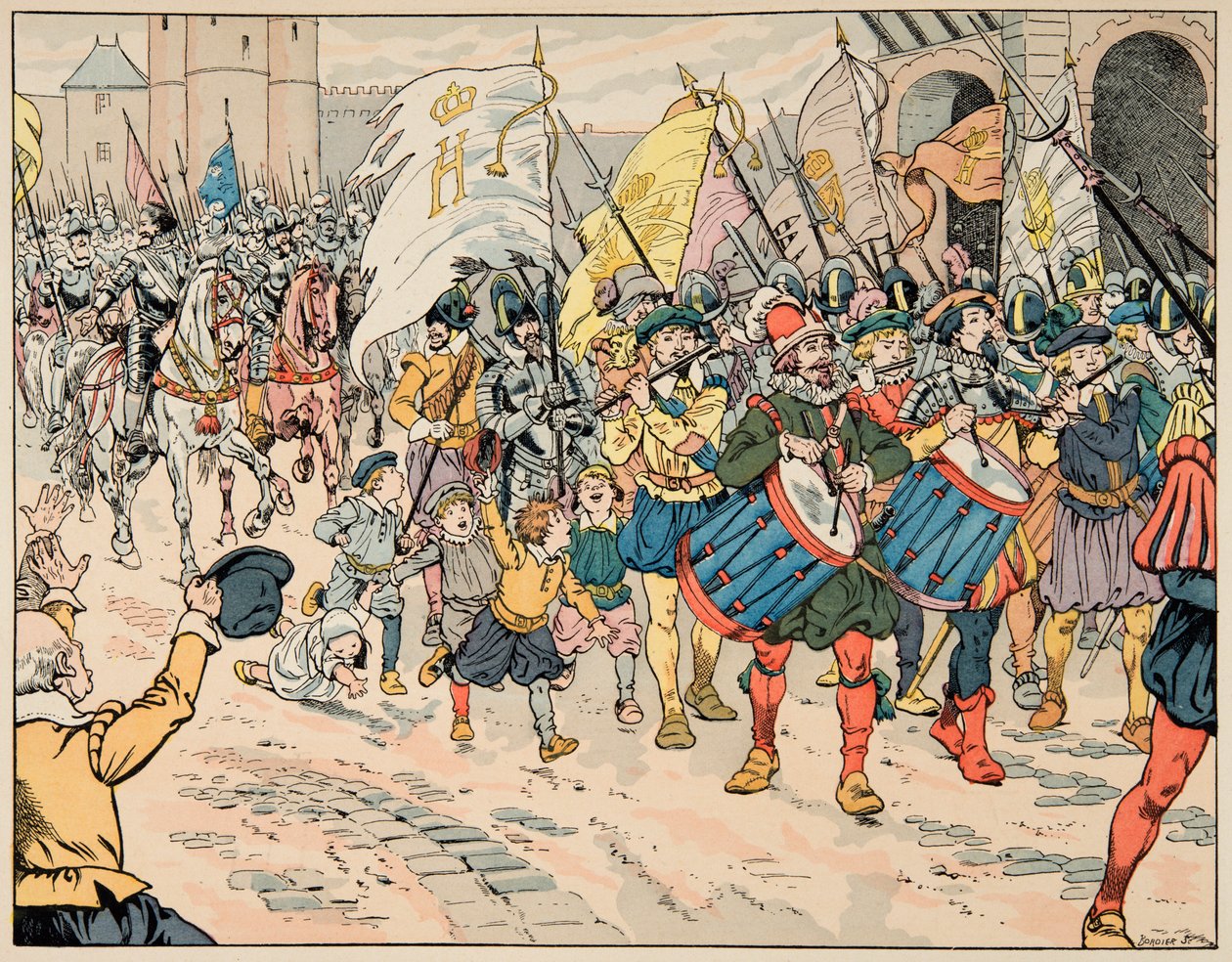 رسم توضيحي مأخوذ من كتاب "Le bon roy Henri" ، الذي رسمه جاك ماري غاستون أونفراي دي بريفيل ديت جوب (1858-1931): رسمه هنري الرابع في باريس في 21 مارس 1594 - مجموعة خاصة بواسطة اسم مستعار لـ Onfray de Breville Jacques Job
