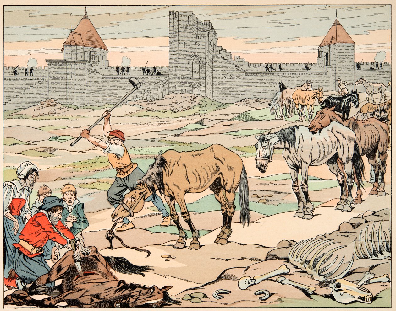 رسم توضيحي مأخوذ من كتاب "Le bon roy Henri" ، الذي رسمه جاك ماري جاستون أونفراي دي بريفيل ديت جوب (1858-1931): الباريسيون الجائعون يذبحون خيولهم - مجموعة خاصة بواسطة اسم مستعار لـ Onfray de Breville Jacques Job