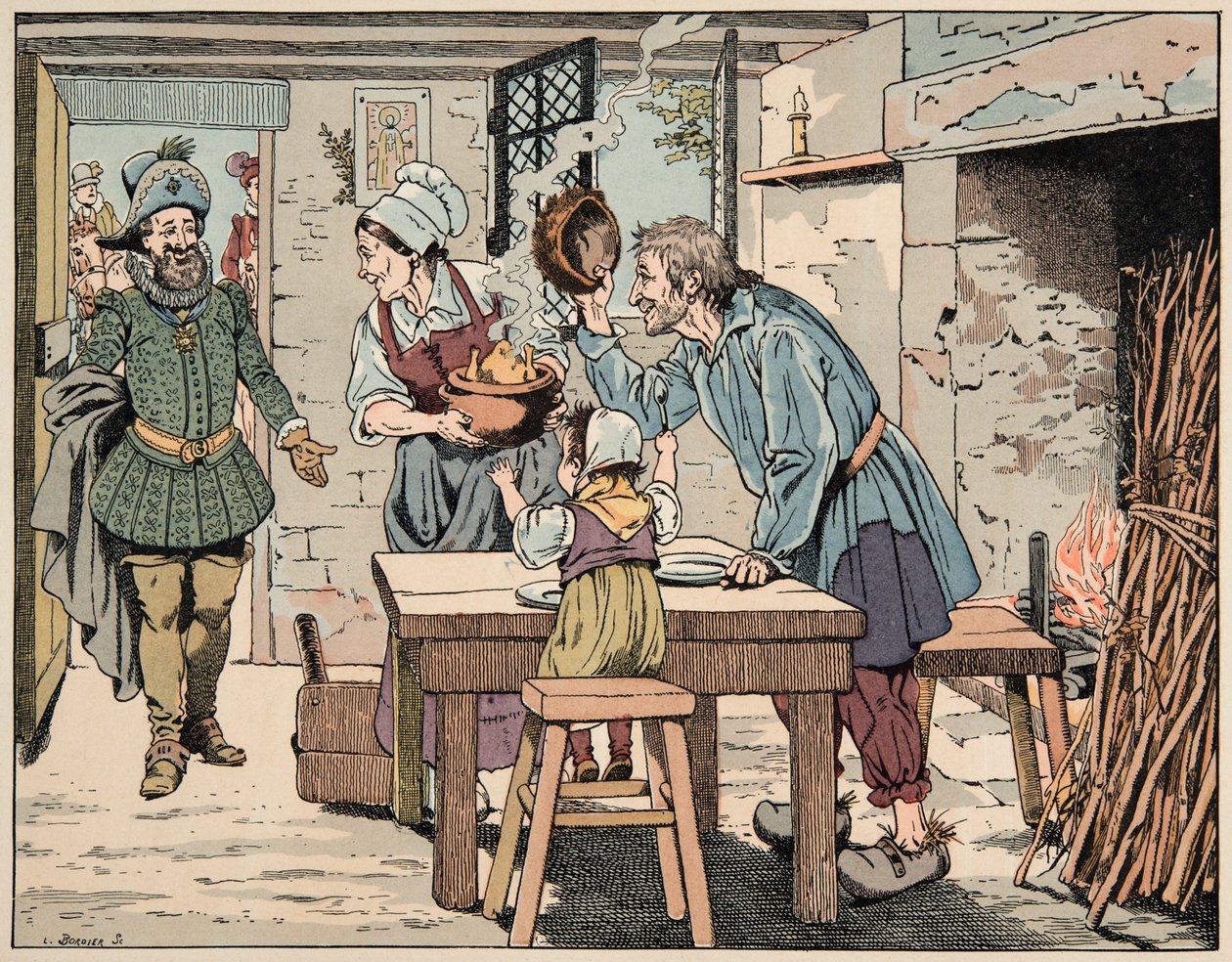 رسم توضيحي مأخوذ من كتاب "Le bon roy Henri" ، الذي رسمه جاك ماري جاستون أونفراي دي بريفيل ديت جوب (1858-1931): هنري الرابع في الفلاحين لتناول الدجاج في القدر - مجموعة خاصة بواسطة اسم مستعار لـ Onfray de Breville Jacques Job