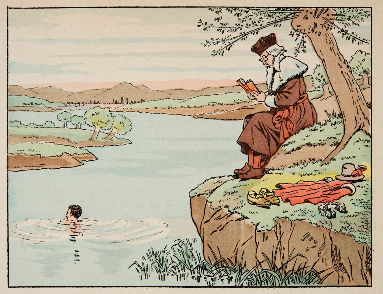 رسم توضيحي مأخوذ من كتاب "Le bon roy Henri" ، الذي رسمه جاك ماري جاستون أونفراي دي بريفيل ديت جوب (1858-1931): التعليم في القرن السادس عشر: السباحة - مجموعة خاصة بواسطة اسم مستعار لـ Onfray de Breville Jacques Job