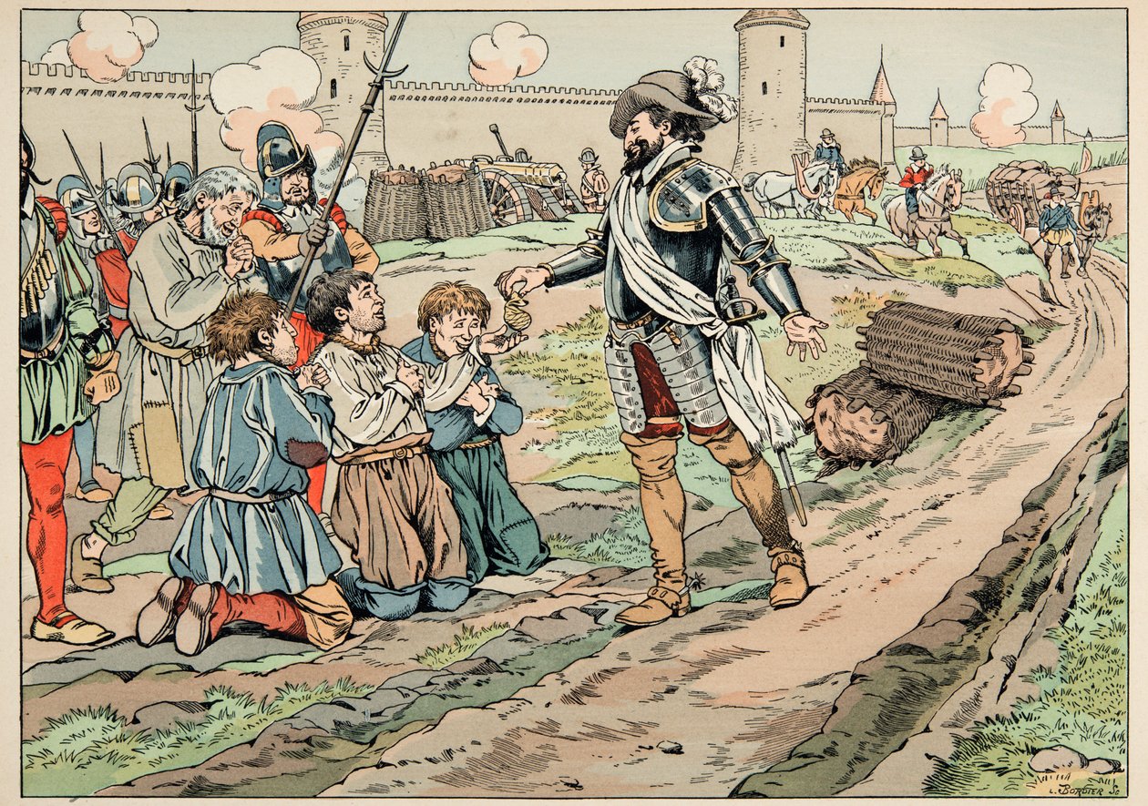 رسم توضيحي مأخوذ من كتاب "Le bon roy Henri" ، الذي رسمه جاك ماري جاستون أونفراي دي بريفيل ديت جوب (1858-1931): يمنح هنري الرابع المال ويحرر الفلاحين الذين حاولوا إدخال الطعام إلى باريس - مجموعة خاصة بواسطة اسم مستعار لـ Onfray de Breville Jacques Job